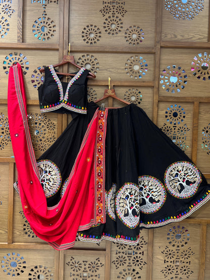 Black and Red Gujarati Navratri Chaniya Choli with Tree Embroidery