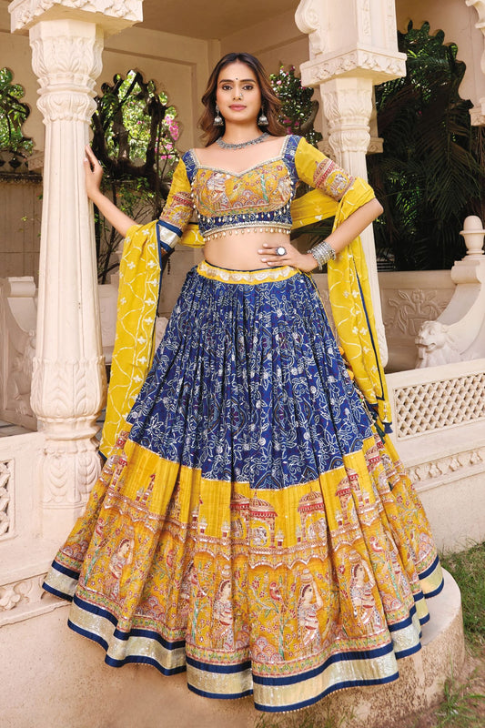 Blue And Yellow Silk Chaniya Chol
