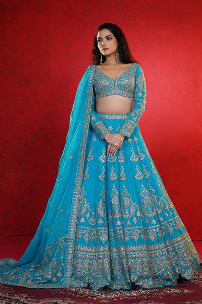 Blue Crepe Lehenga with Intricate Zardosi Embroidery
