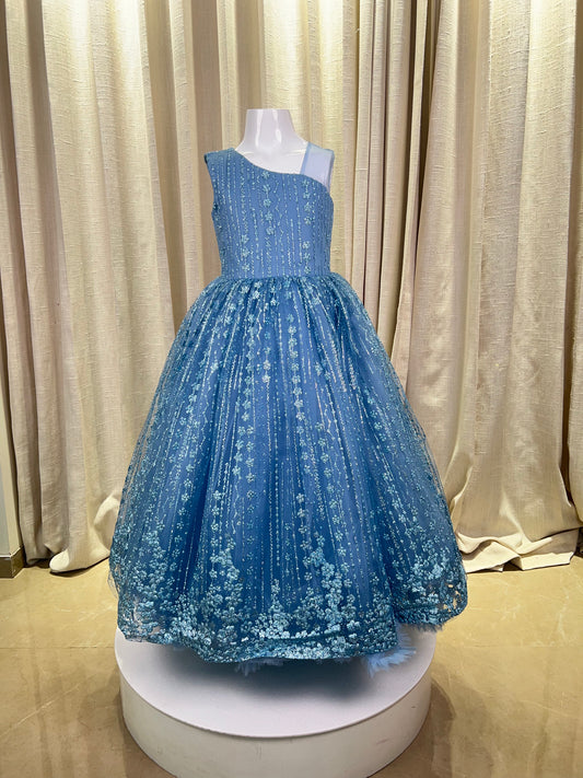 Blue Gown With Bow Embellished And Shimmer Printed