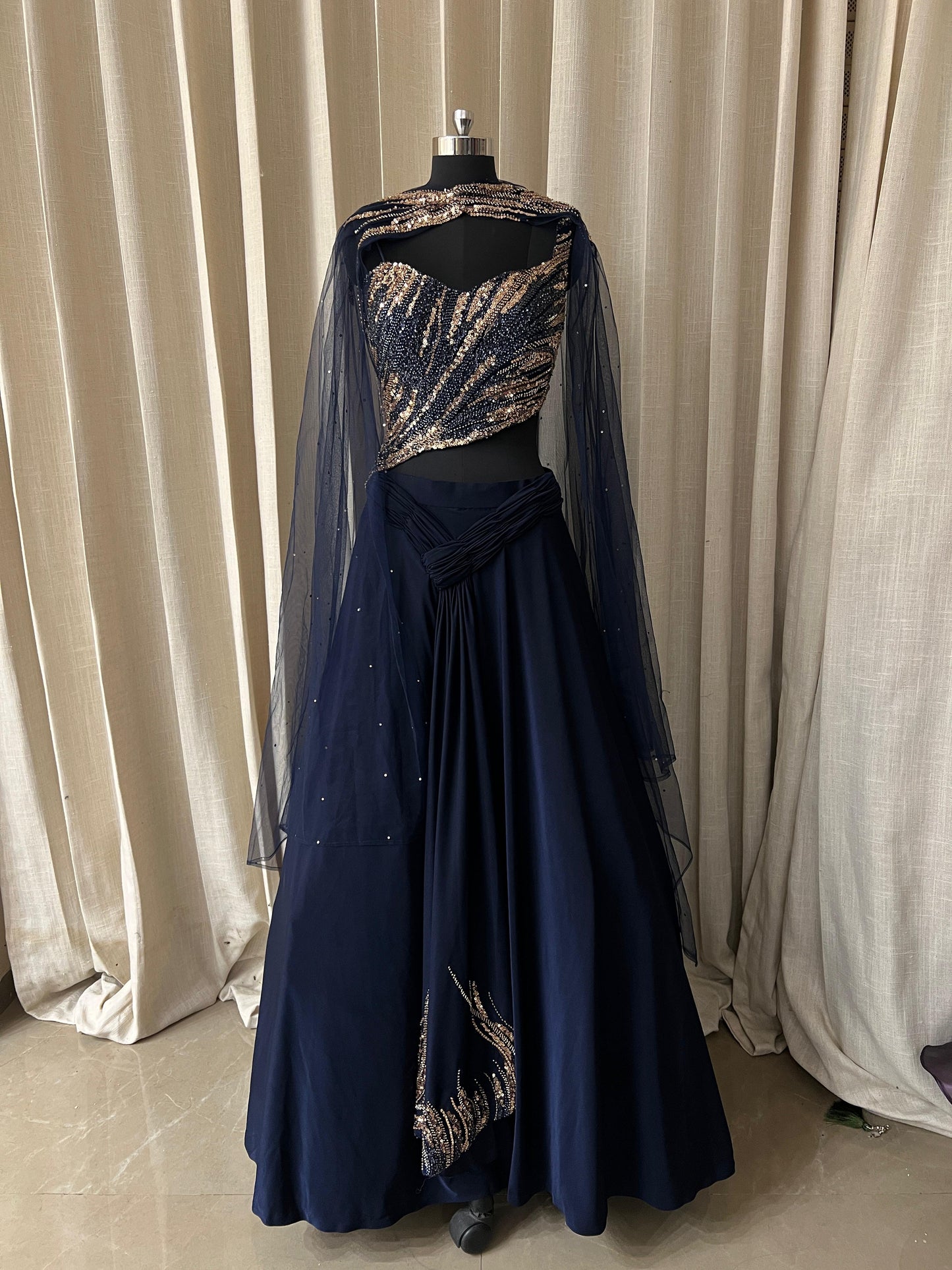 Blue Sequin Embroidered One-Shoulder Lehenga Set