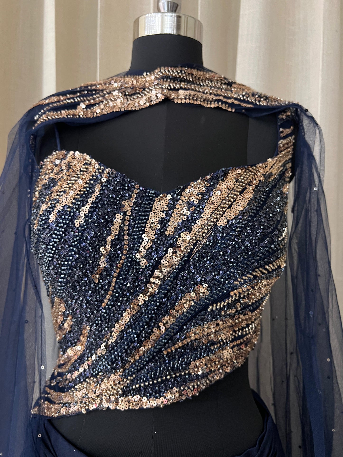 Blue Sequin Embroidered One-Shoulder Lehenga Set