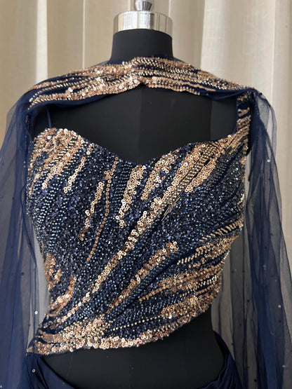 Blue Sequin Embroidered One-Shoulder Lehenga Set