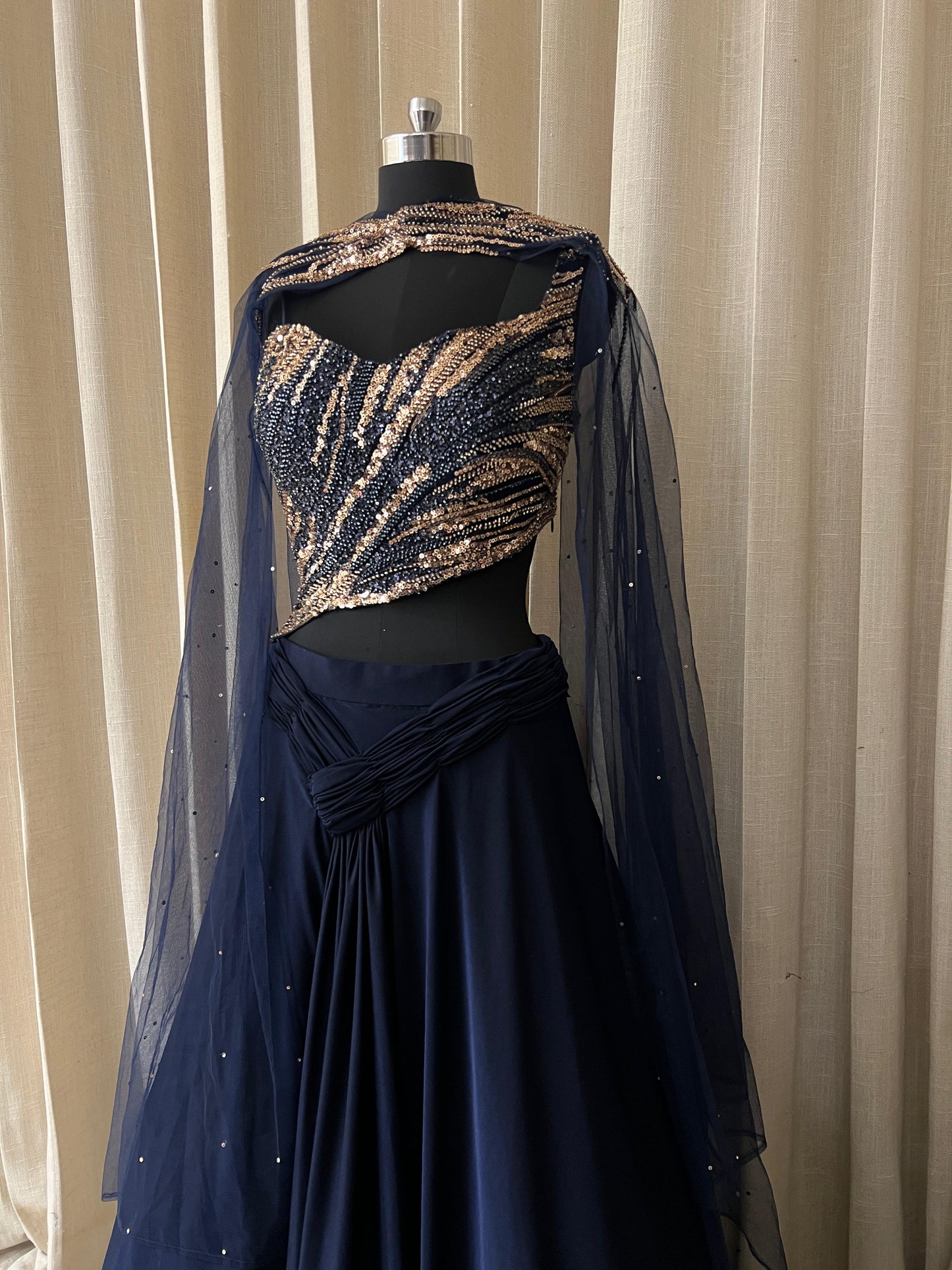 Blue Sequin Embroidered One-Shoulder Lehenga Set