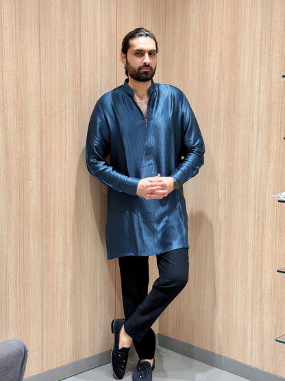 Blue Silk-Blend Kurta Pajama and Subtle Striped Texture