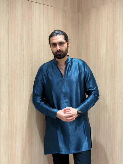 Blue Silk-Blend Kurta Pajama and Subtle Striped Texture