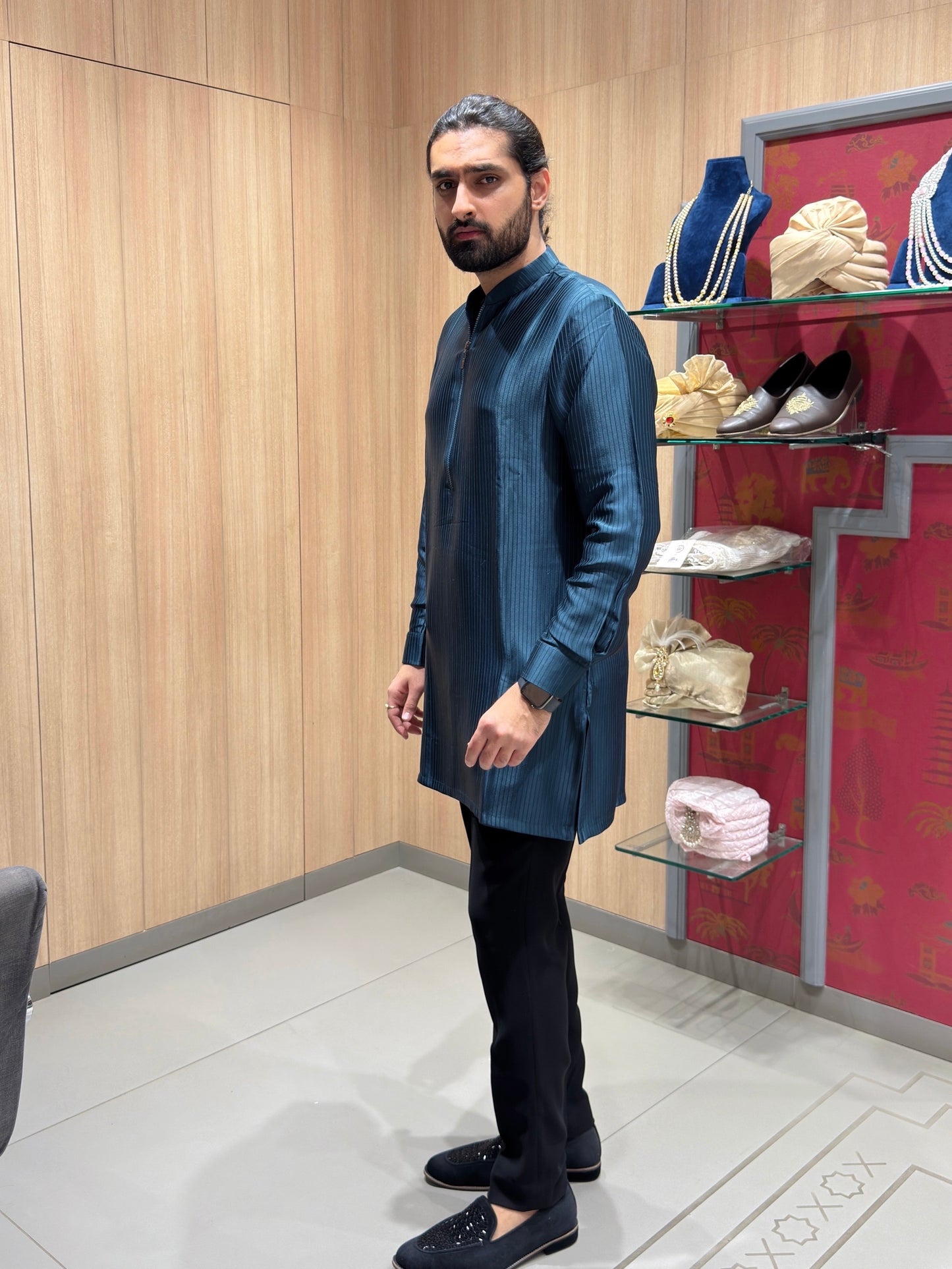 Blue Silk-Blend Kurta Pajama and Subtle Striped Texture
