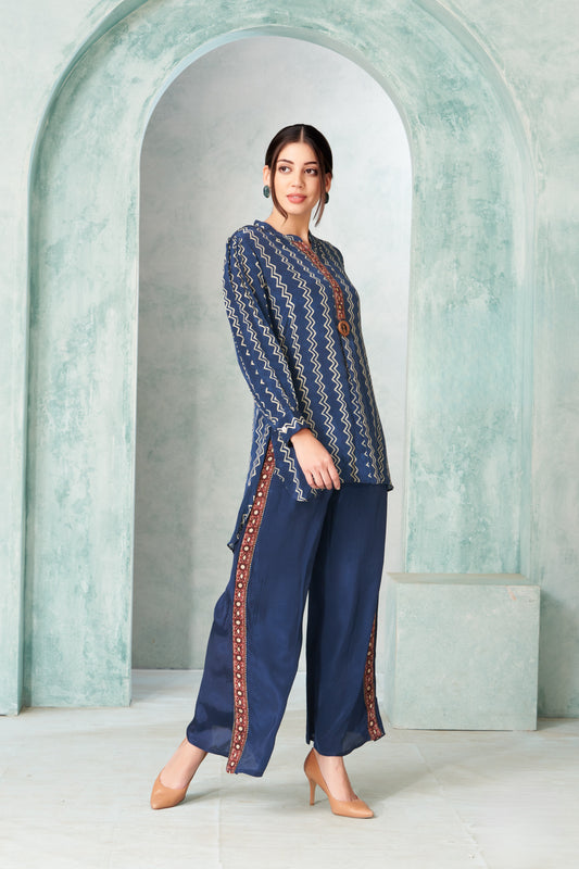 Blue Zigzag Printed Co-Ord Set with Maroon Embroidered Pant