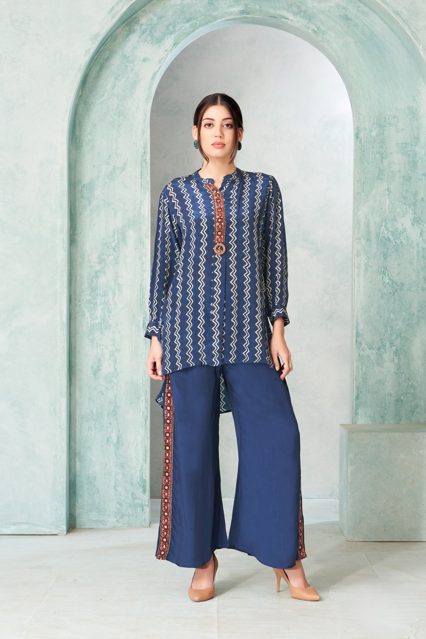 Blue Zigzag Printed Co-Ord Set with Maroon Embroidered Pant