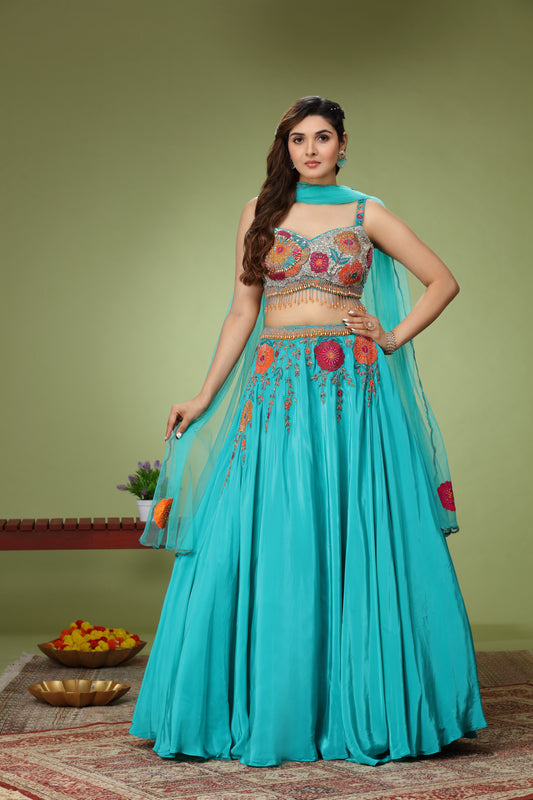 Blue Organza Bridesmaids Lehenga with Embroidery Neck Blouse
