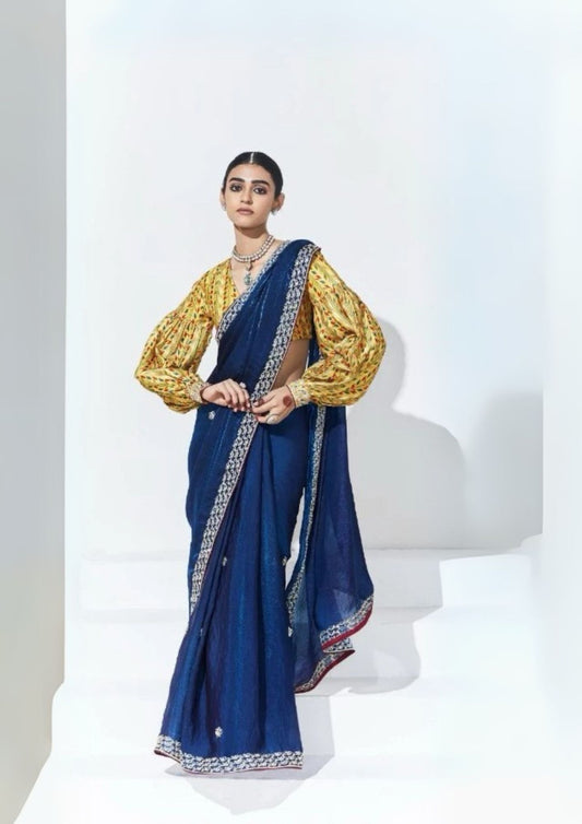 Blue Organza Saree with Yellow Satin Silk Blouse