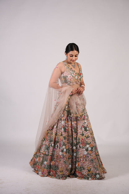 Blush Nude Floral Hand-Embroidered Net Lehenga Choli