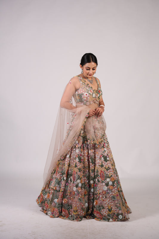 Blush Nude Floral Hand-Embroidered Net Lehenga Choli