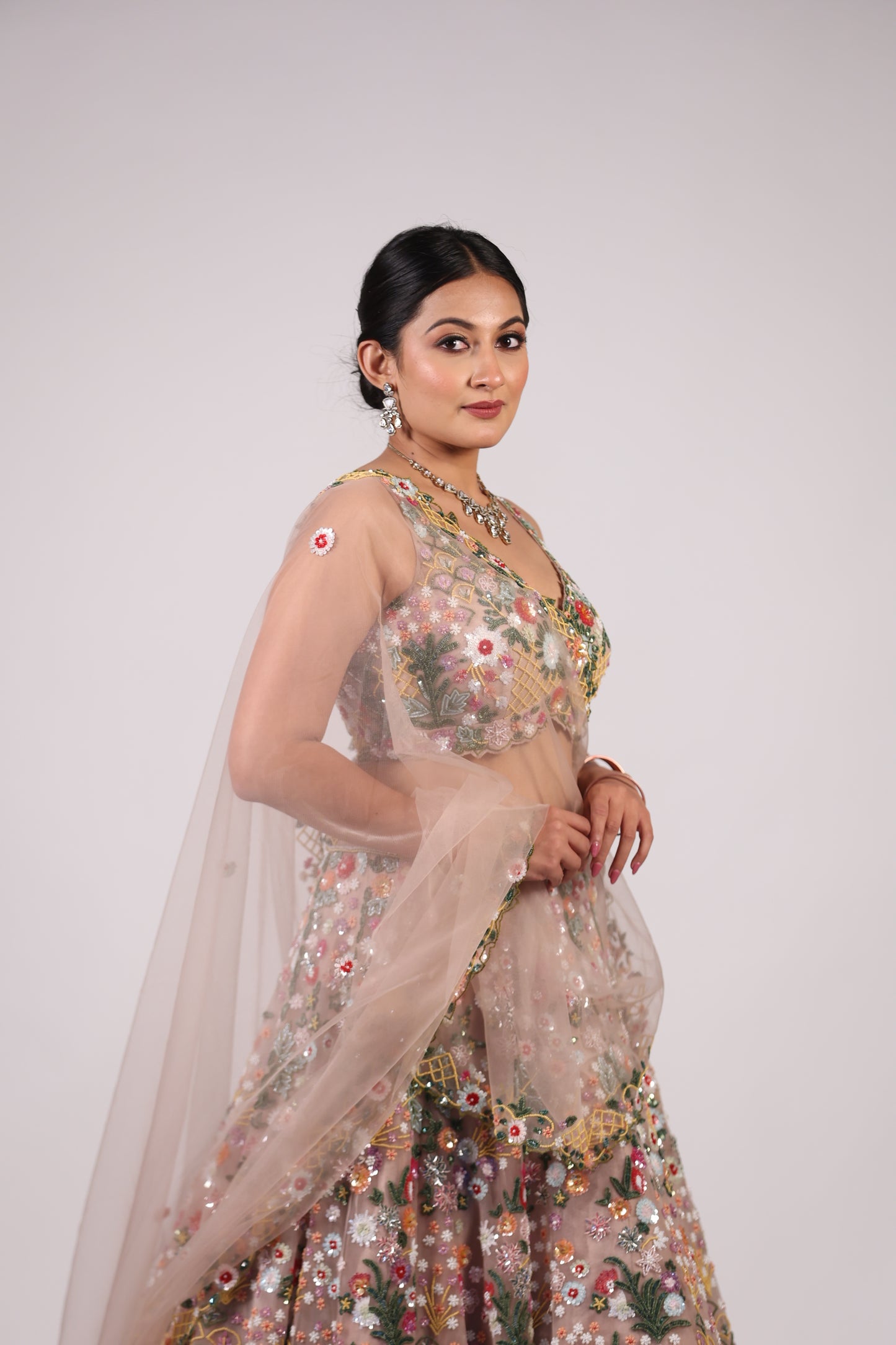 Blush Nude Floral Hand-Embroidered Net Lehenga Choli