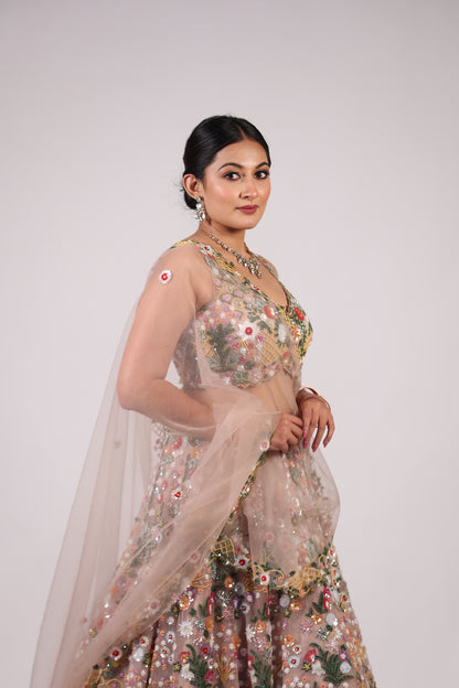 Blush Nude Floral Hand-Embroidered Net Lehenga Choli