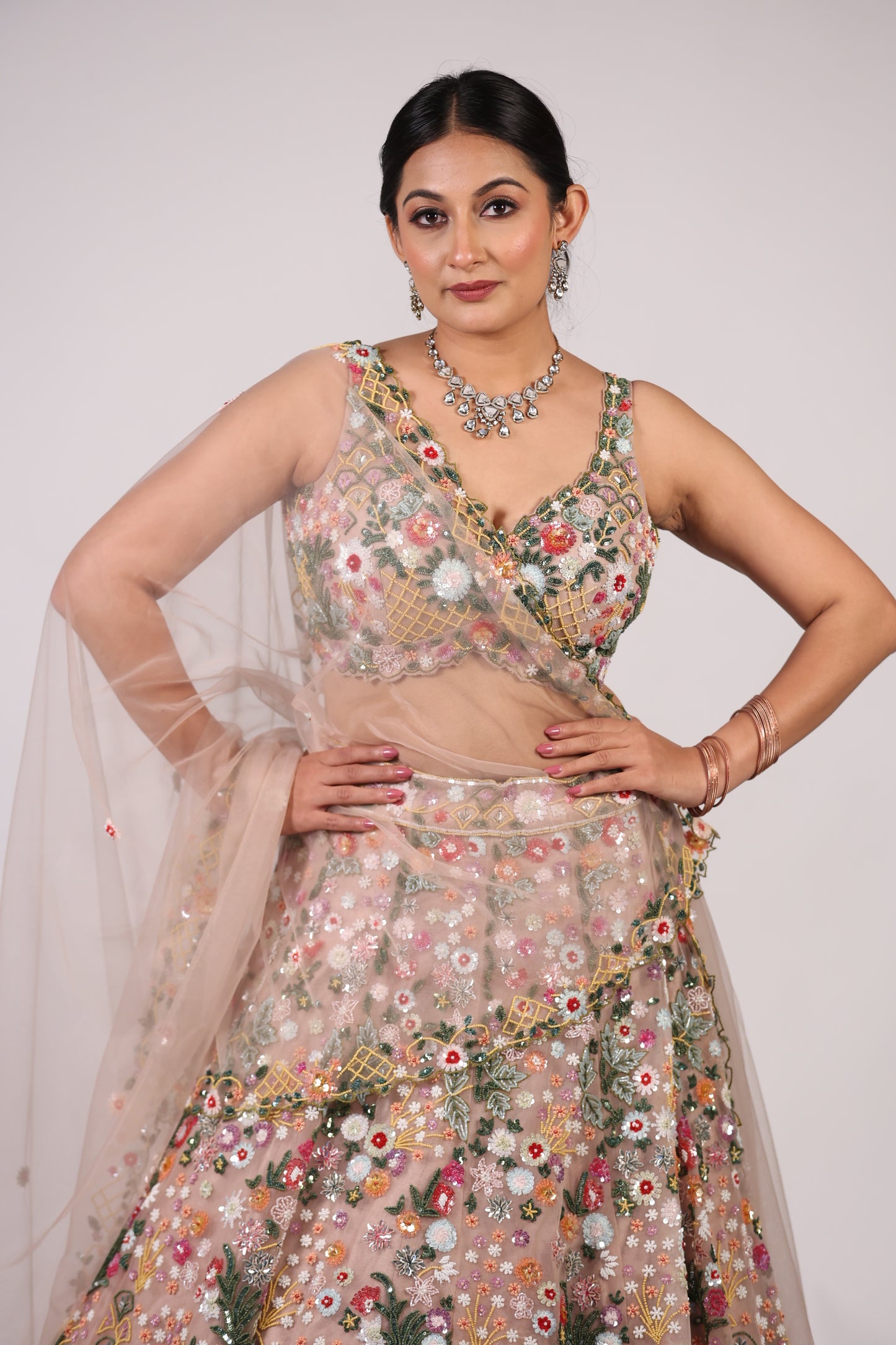 Blush Nude Floral Hand-Embroidered Net Lehenga Choli