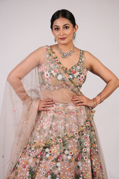 Blush Nude Floral Hand-Embroidered Net Lehenga Choli