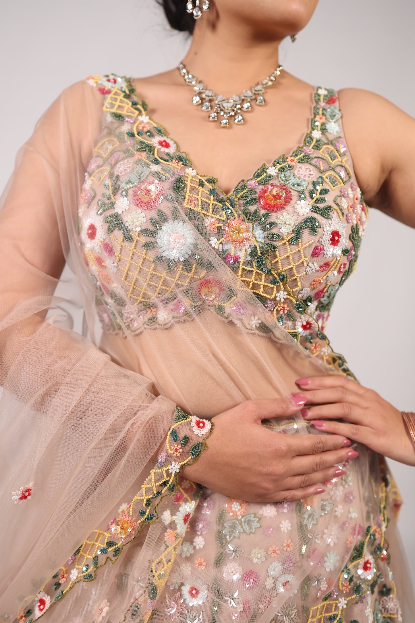 Blush Nude Floral Hand-Embroidered Net Lehenga Choli