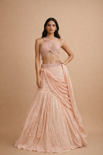 Blush Peach Embroidered Halter Neck Lehenga Choli with Draped Skirt & Sequin Work