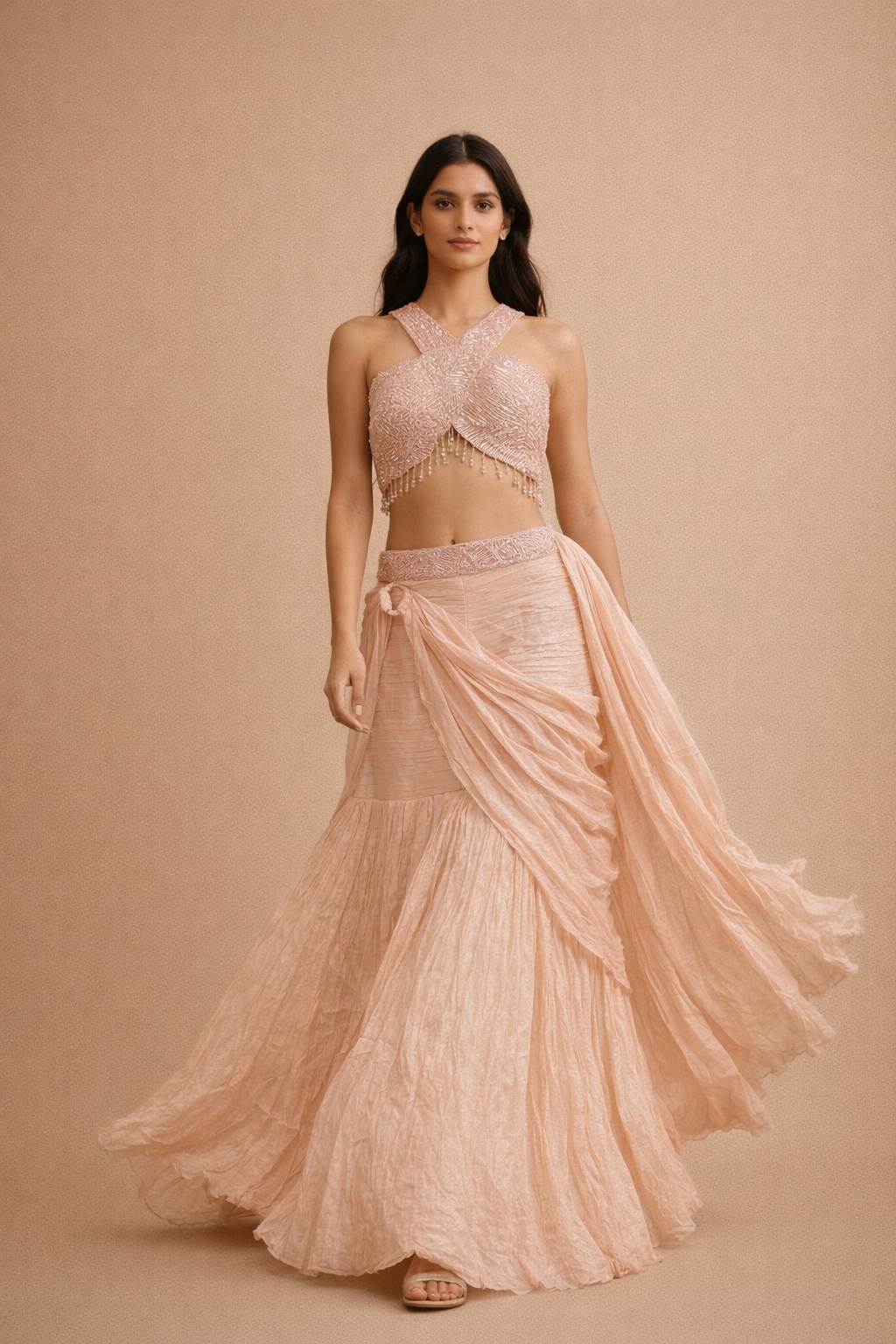 Blush Peach Embroidered Halter Neck Lehenga Choli with Draped Skirt & Sequin Work