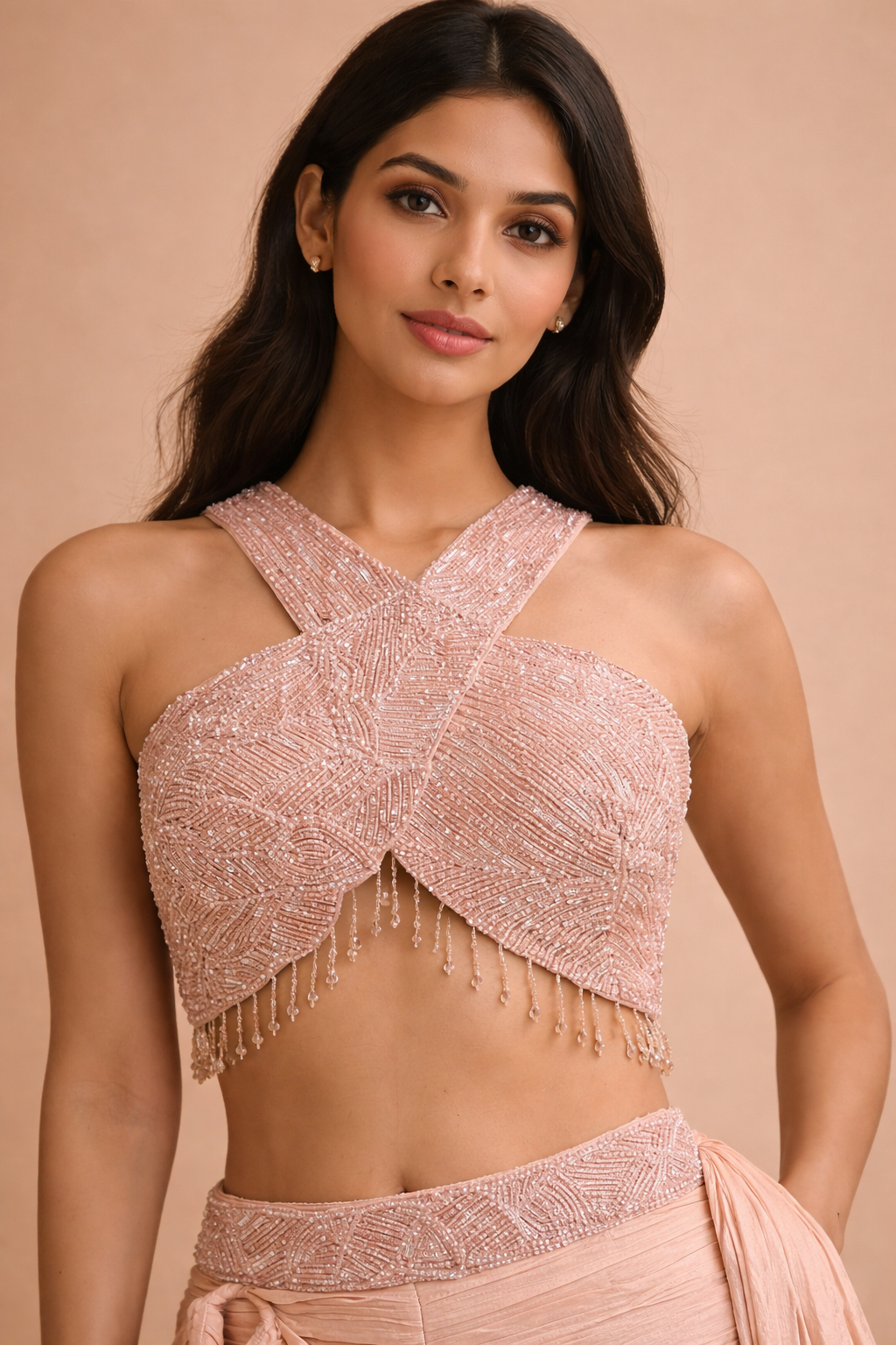 Blush Peach Embroidered Halter Neck Lehenga Choli with Draped Skirt & Sequin Work