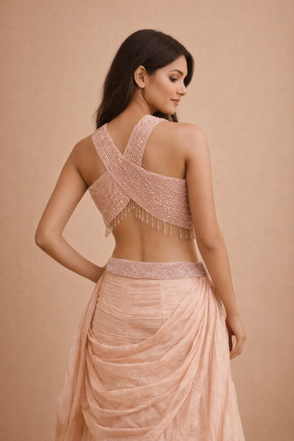 Blush Peach Embroidered Halter Neck Lehenga Choli with Draped Skirt & Sequin Work