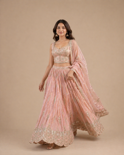 Blush Peach Pink Embroidered Silk Lehenga Choli with Zari Work Dupatta