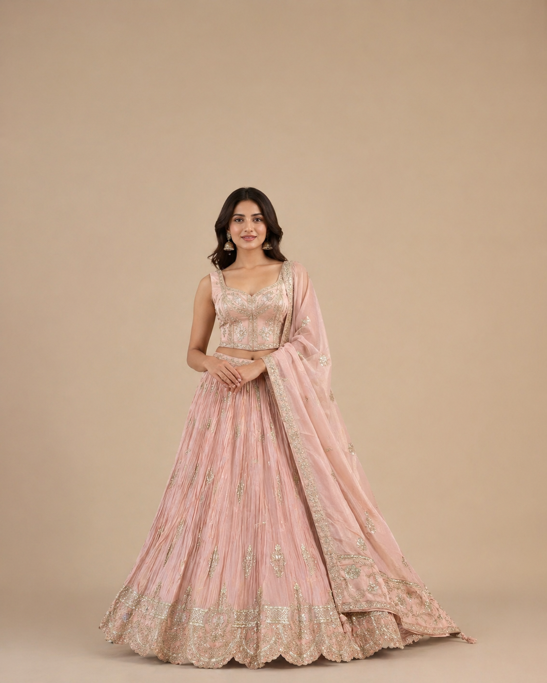 Blush Peach Pink Embroidered Silk Lehenga Choli with Zari Work Dupatta