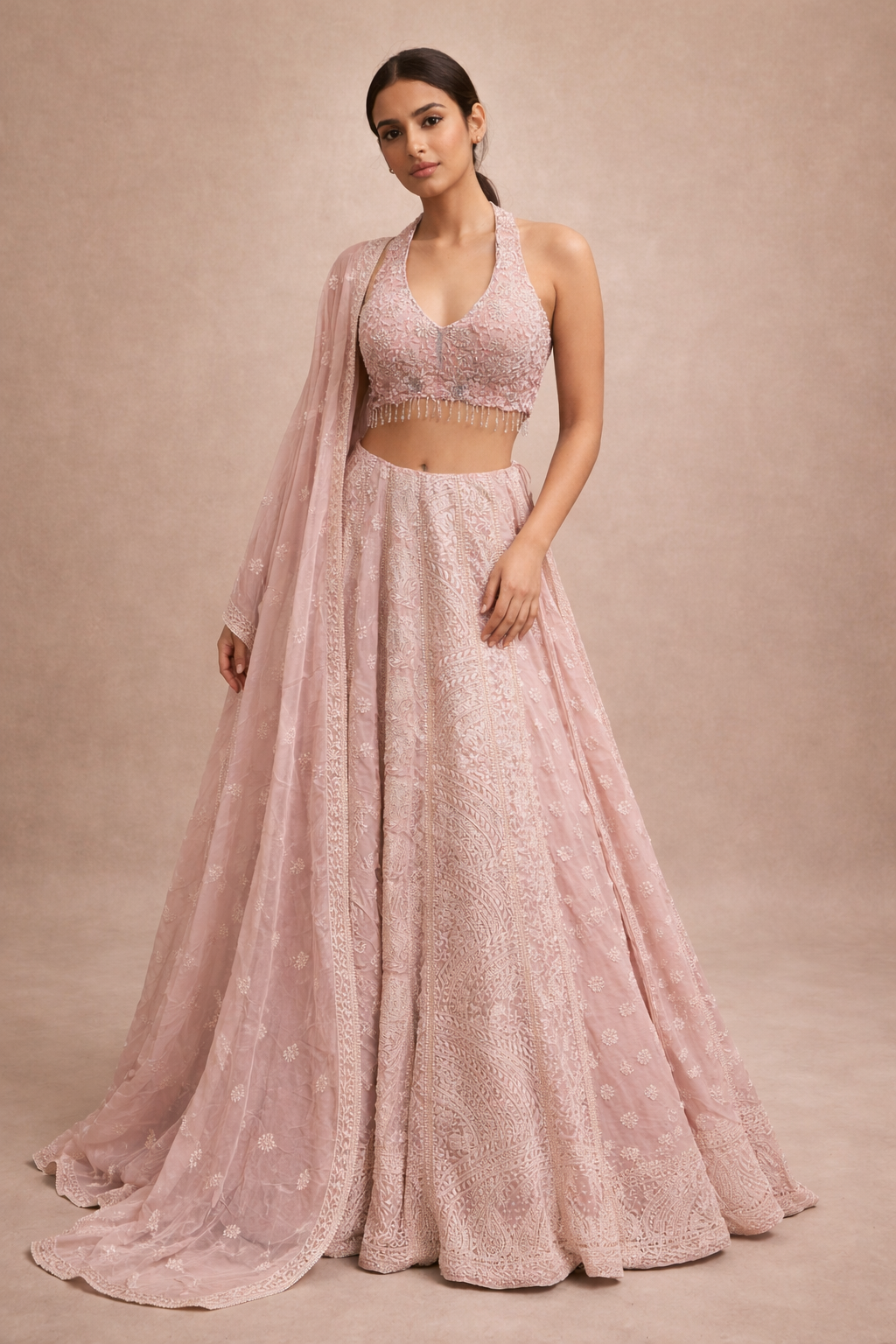 Blush Pink Embroidered Halter Neck Lehenga Set with Dupatta