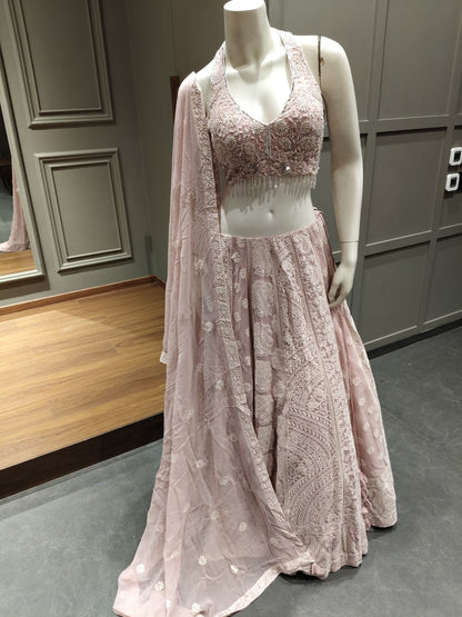 Blush Pink Embroidered Halter Neck Lehenga Set with Dupatta