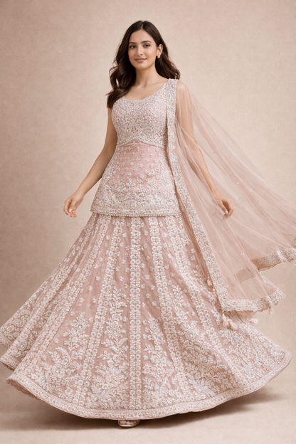 Blush Pink Embroidered Lehenga with Elegant Back Blouse Design