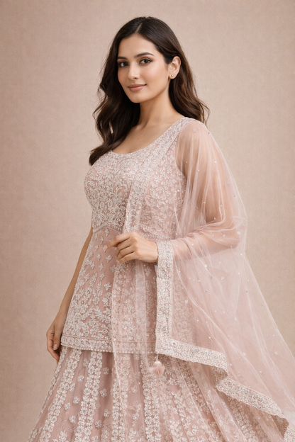 Blush Pink Embroidered Lehenga with Elegant Back Blouse Design