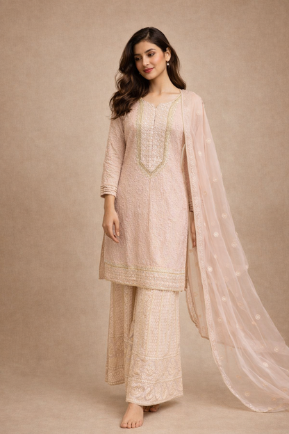 Blush Pink Embroidered Pakistani Suit with Sharara and Chiffon Dupatta