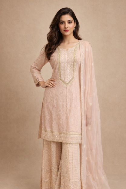 Blush Pink Embroidered Pakistani Suit with Sharara and Chiffon Dupatta