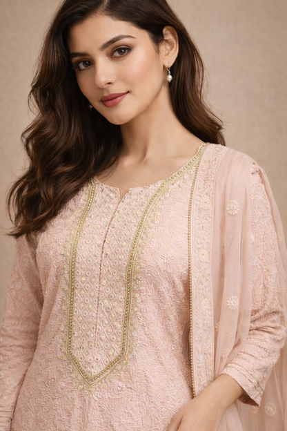 Blush Pink Embroidered Pakistani Suit with Sharara and Chiffon Dupatta