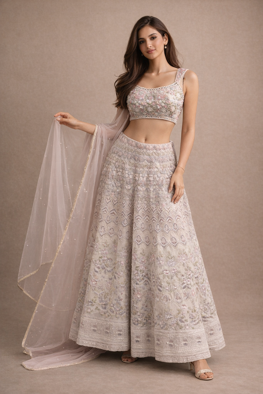 Blush Pink Floral Embroidered Designer Lehenga Choli with Soft Net Dupatta