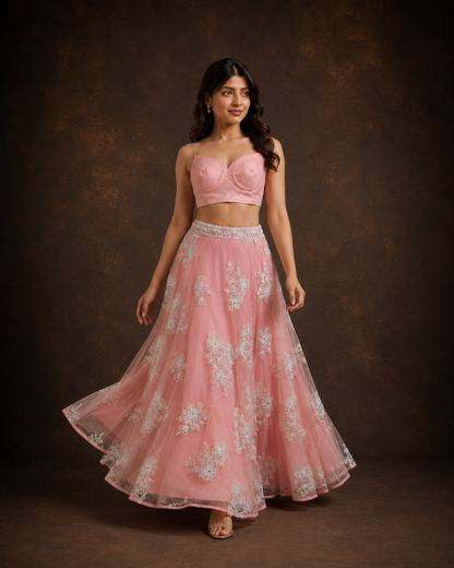 Blush Pink Floral Embroidered Net Lehenga Set