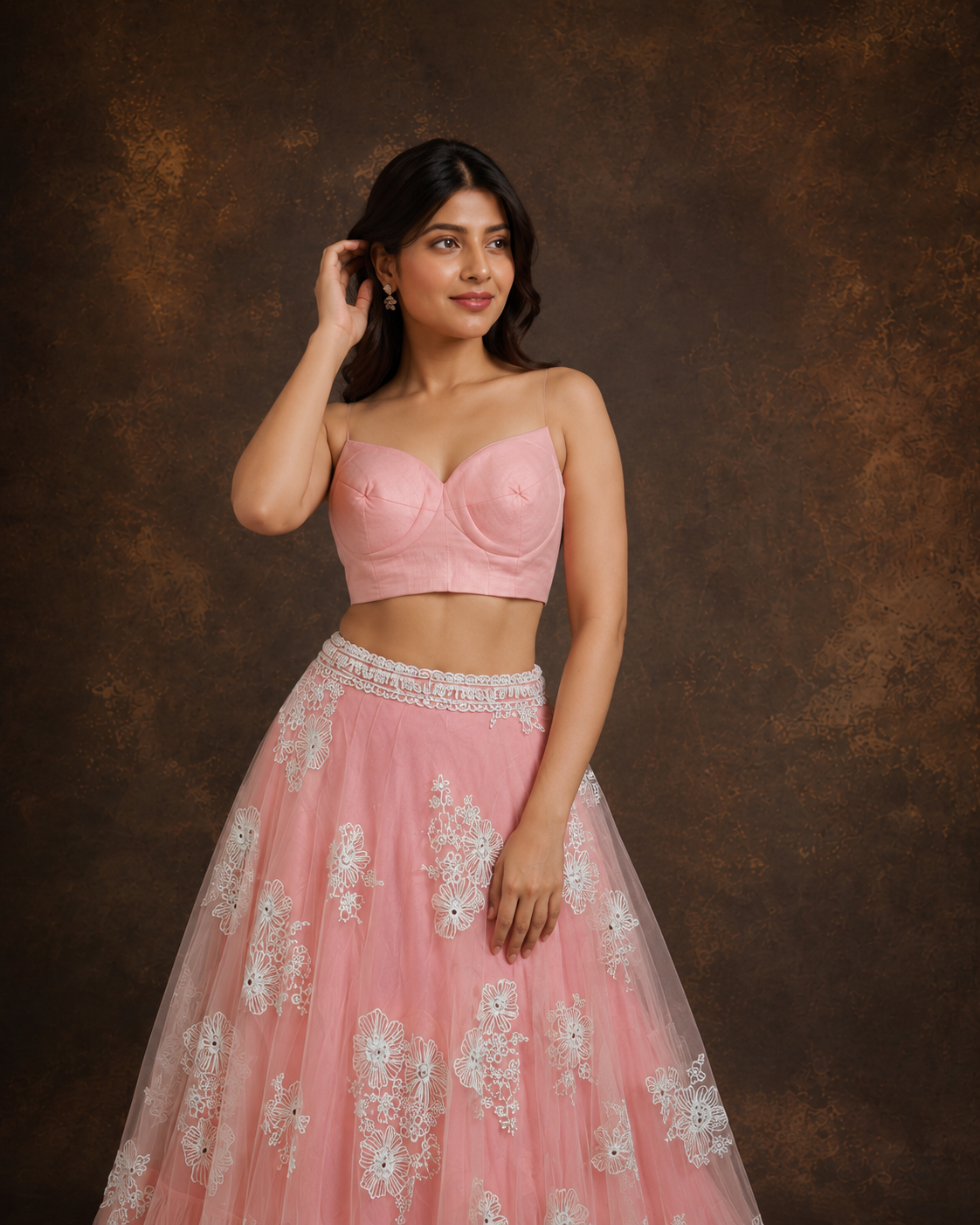 Blush Pink Floral Embroidered Net Lehenga Set