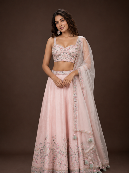 Blush Pink Hand Embroidered Silk Lehenga Choli