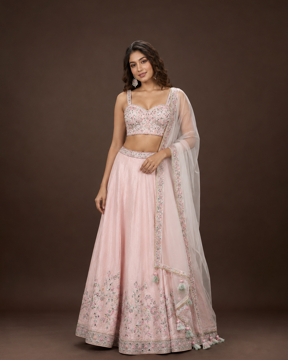 Blush Pink Hand Embroidered Silk Lehenga Choli