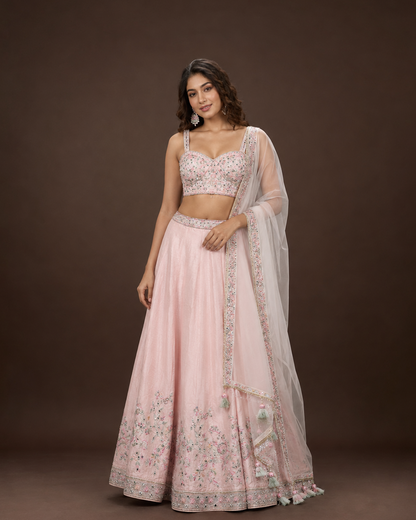 Blush Pink Hand Embroidered Silk Lehenga Choli