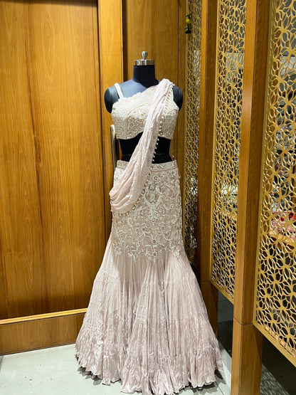 Blush Pink One-Shoulder Embroidered Indo-Western Lehenga Set