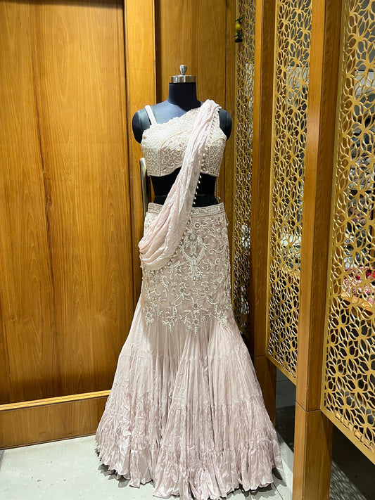 Blush Pink One-Shoulder Embroidered Indo-Western Lehenga Set
