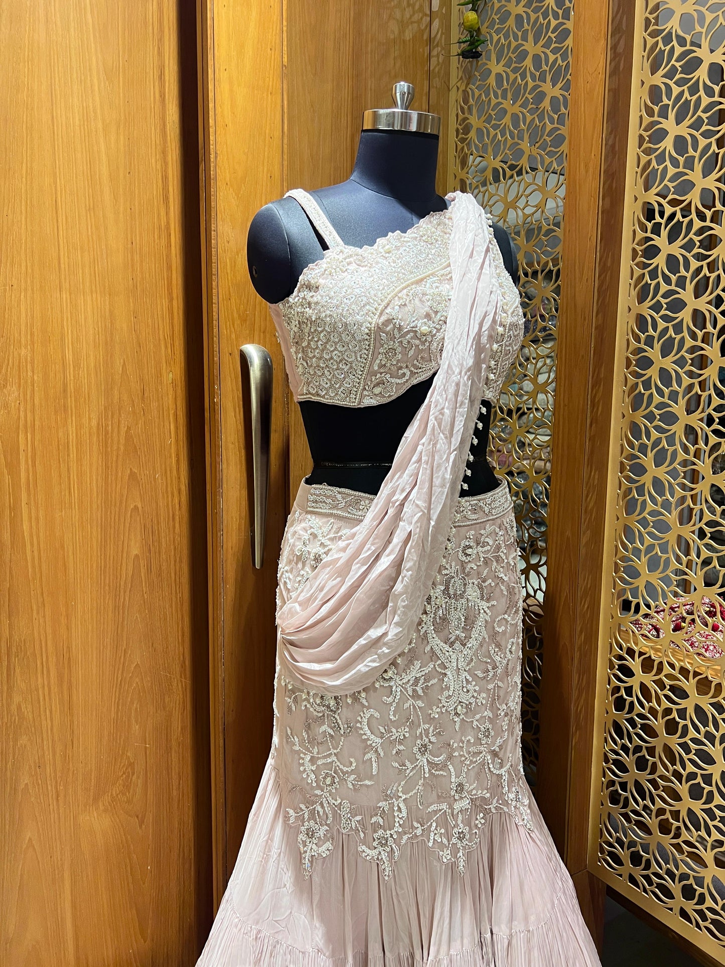 Blush Pink One-Shoulder Embroidered Indo-Western Lehenga Set