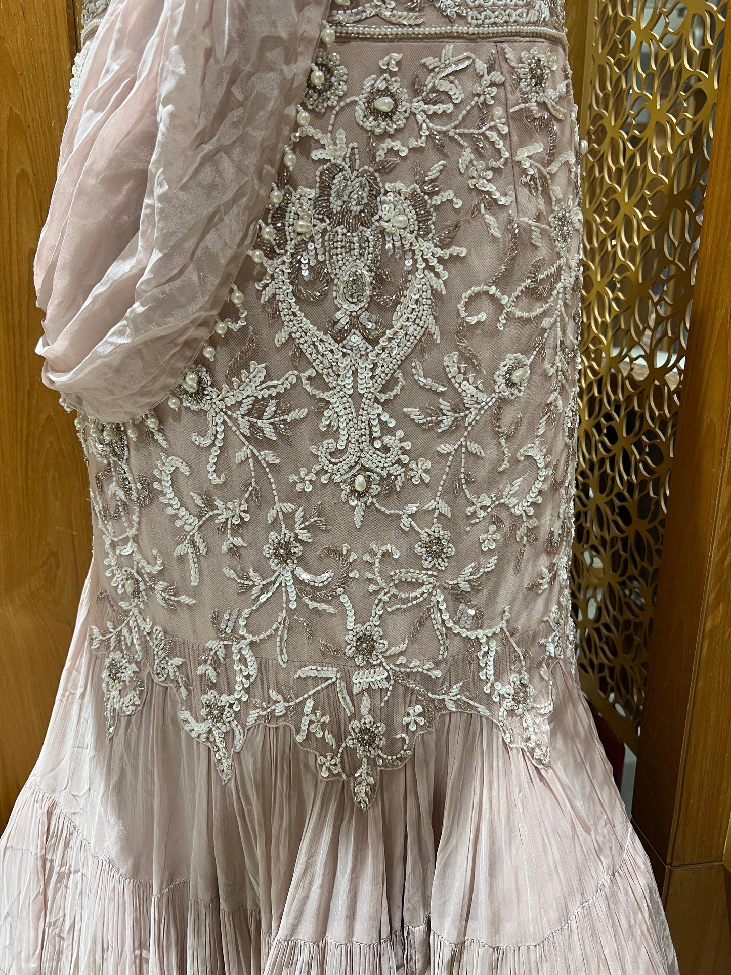 Blush Pink One-Shoulder Embroidered Indo-Western Lehenga Set