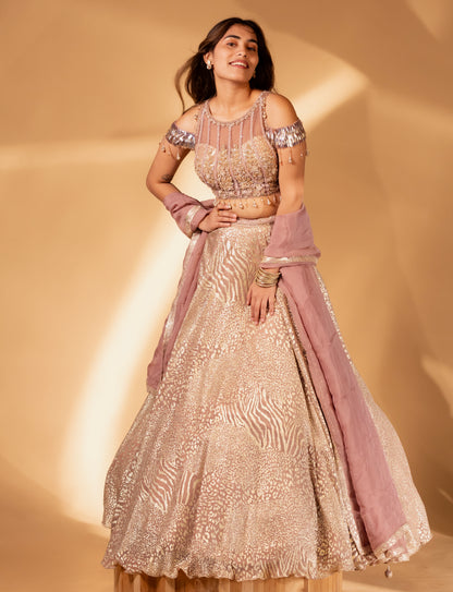 Blush Pink Sequin-Embroidered Cold-Shoulder Lehenga Set