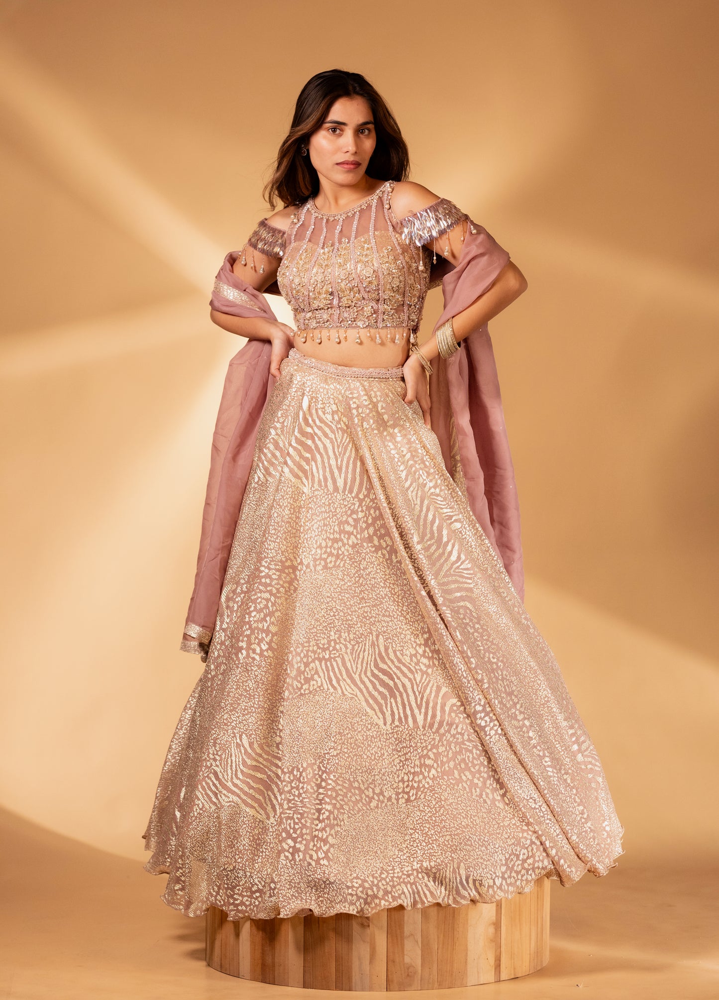 Blush Pink Sequin-Embroidered Cold-Shoulder Lehenga Set