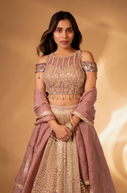 Blush Pink Sequin-Embroidered Cold-Shoulder Lehenga Set