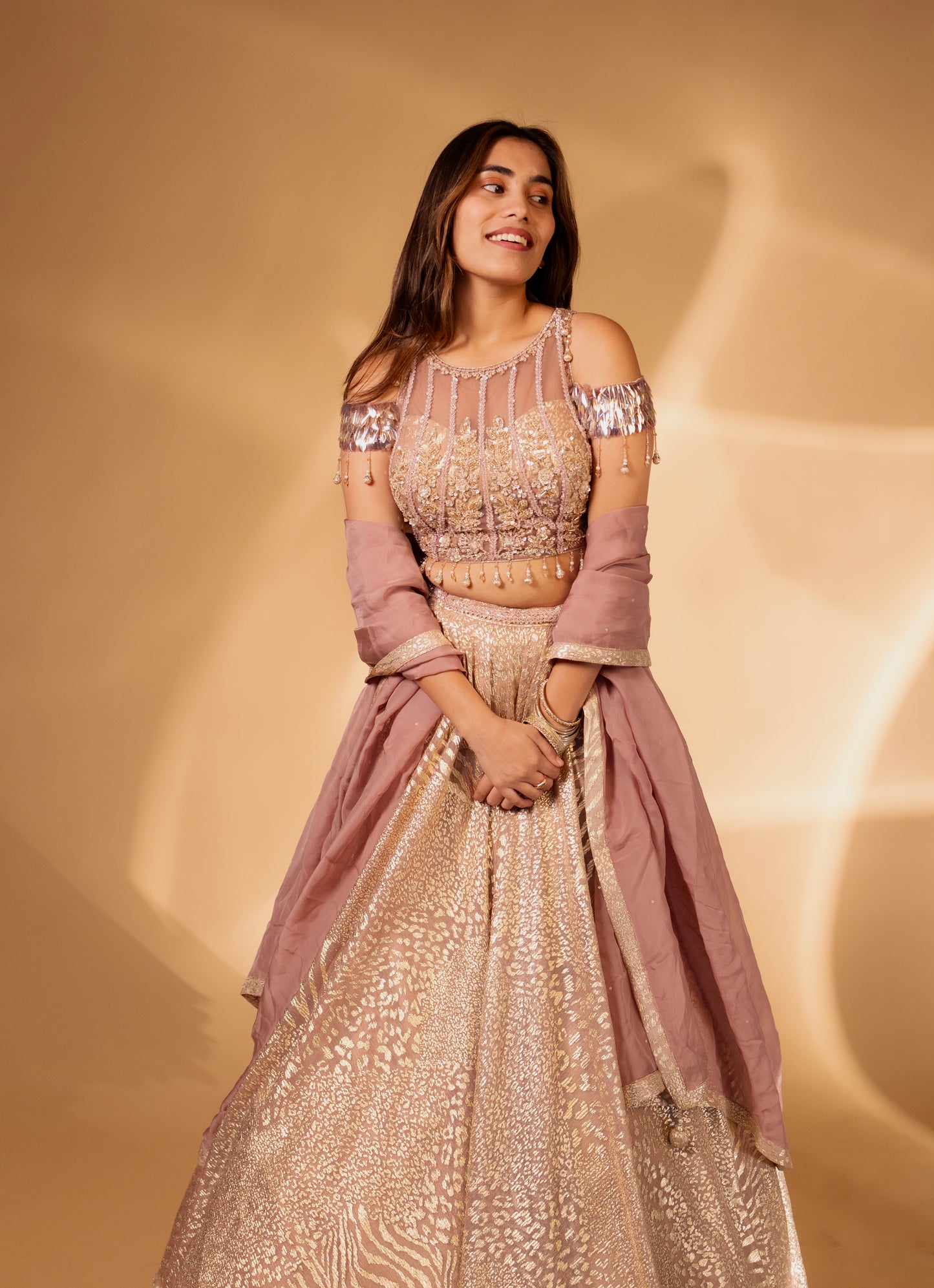 Blush Pink Sequin-Embroidered Cold-Shoulder Lehenga Set