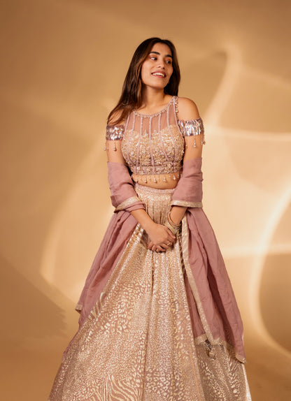 Blush Pink Sequin-Embroidered Cold-Shoulder Lehenga Set